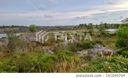 Scenic View of Lake and Ex Coal Mining Site Surrounded by Wild Nature Scenic View of Lake and Ex Coal Mining Site Surrounded by Wild Nature 141049704