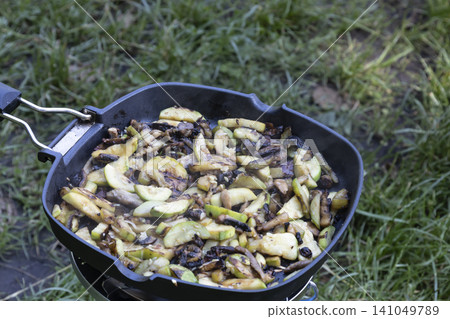 Close-up of sliced zucchini and mushrooms sizzling and steaming in a black frying pan on a portable blue camping stove, cooked outdoors over a grass background during a picnic or hike. Close-up of sliced zucchini and mushrooms sizzling and steaming in a black frying pan on a portable blue camping stove, cooked outdoors over a grass background during a picnic or hike. 141049789