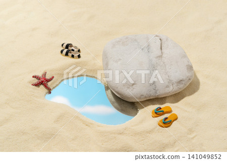 Creative summer flat lay concept photography showing a miniature beach vacation scene revealed between natural stones on sand - suitable for travel, tourism, and seasonal advertising Creative summer flat lay concept photography showing a miniature beach vacation scene revealed between natural stones on sand - suitable for travel, tourism, and seasonal advertising 141049852