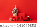 Christmas Scene with Snowy Pine Tree, Red Podium, Toy Truck, Snowman, Santa and Gifts on Red Background 141049858
