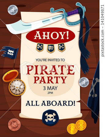 Kids pirate party flyer with old paper scroll and corsairs black flag. Cartoon Caribbean carnival or pirate party poster with corsair sword, treasure coins and compass for kids birthday celebrations Kids pirate party flyer with old paper scroll and corsairs black flag. Cartoon Caribbean carnival or pirate party poster with corsair sword, treasure coins and compass for kids birthday celebrations 141049871