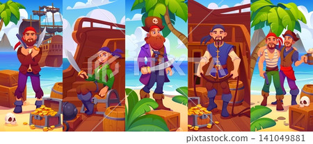 Cartoon pirate and corsair sailor characters collage. Adventurous crew with captain, female pirate with cutlass and crewmates with weapons. Vertical layouts for mobile game loading screens Cartoon pirate and corsair sailor characters collage. Adventurous crew with captain, female pirate with cutlass and crewmates with weapons. Vertical layouts for mobile game loading screens 141049881