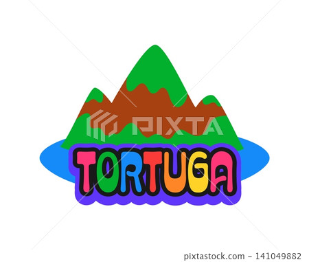 Pirate tortuga island retro Y2K sticker or label. Corsair sailing sticker, pirate treasure hunting Y2K vector tag. Piracy and marine patch with mountains on sea island and colorful typography Pirate tortuga island retro Y2K sticker or label. Corsair sailing sticker, pirate treasure hunting Y2K vector tag. Piracy and marine patch with mountains on sea island and colorful typography 141049882