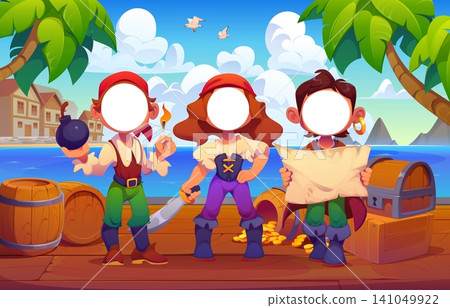 Caribbean kid pirate photobooth frame, funny corsairs photo cutout face holes. Cartoon cute boy and girls pirate crew characters with treasure map and chest, kids birthday party photo booth frame Caribbean kid pirate photobooth frame, funny corsairs photo cutout face holes. Cartoon cute boy and girls pirate crew characters with treasure map and chest, kids birthday party photo booth frame 141049922