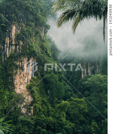 Dirt trail leading towards dramatic limestone karst mountains hidden in thick tropical mist. Dirt trail leading towards dramatic limestone karst mountains hidden in thick tropical mist. 141049936
