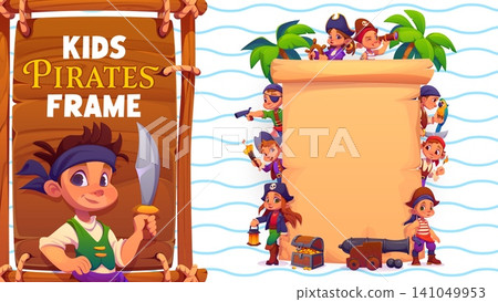 Old paper pirate banner with funny kids corsairs characters. Cartoon blank parchment paper scroll surrounded by crew of cute child pirate characters and palm trees for kids birthday party invitations Old paper pirate banner with funny kids corsairs characters. Cartoon blank parchment paper scroll surrounded by crew of cute child pirate characters and palm trees for kids birthday party invitations 141049953