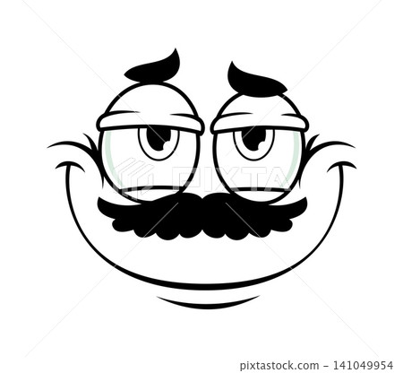 Expression face with mustaches and wide smile of glad emotion for cartoon emoji. Funny face with cheerful adorable expression of happiness or inquiring gaze stare look with stretched smiling mouth Expression face with mustaches and wide smile of glad emotion for cartoon emoji. Funny face with cheerful adorable expression of happiness or inquiring gaze stare look with stretched smiling mouth 141049954