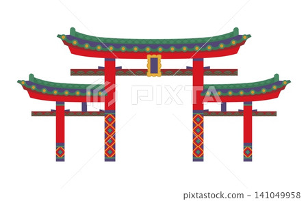 Cartoon Japanese torii gate with large curved red arch topped by green tiled pagoda roof with gold dot ornaments. Vibrant torii gate with diamond lattice column decorations for Japan travel agency Cartoon Japanese torii gate with large curved red arch topped by green tiled pagoda roof with gold dot ornaments. Vibrant torii gate with diamond lattice column decorations for Japan travel agency 141049958
