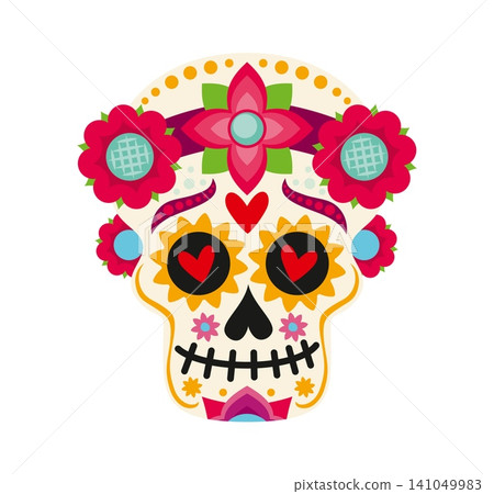 Mexican Dia De Los Muertos Day of dead holiday calavera sugar skull. Cartoon ornate calaca Catrina skeleton cranium with floral pattern. Traditional Mexico festival symbol of Death holiday celebration Mexican Dia De Los Muertos Day of dead holiday calavera sugar skull. Cartoon ornate calaca Catrina skeleton cranium with floral pattern. Traditional Mexico festival symbol of Death holiday celebration 141049983