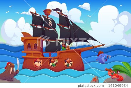Cartoon paper cut sail ship with Caribbean pirate, corsair characters and funny sailor animals. Tropical islands with dolphin in pirate hat, walrus with cutlass and crab with spyglass for storybooks Cartoon paper cut sail ship with Caribbean pirate, corsair characters and funny sailor animals. Tropical islands with dolphin in pirate hat, walrus with cutlass and crab with spyglass for storybooks 141049984