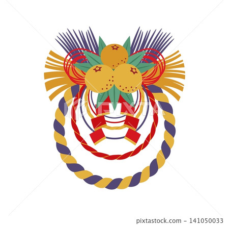 Cartoon Japanese traditional New Year shimenawa wreath decor with braided straw rope, red strings, green leaves and orange citrus fruit with cords and tassels for welcoming festive seasonal luck 141050033