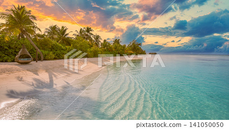 Beautiful tropical beach, soft sunset, calm sea, glowing evening shore. Dreamy summer island paradise, romantic peaceful escape. Relaxing vacation wallpaper, serene sunset coastal getaway scene Beautiful tropical beach, soft sunset, calm sea, glowing evening shore. Dreamy summer island paradise, romantic peaceful escape. Relaxing vacation wallpaper, serene sunset coastal getaway scene 141050050