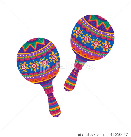 Mexican folk maracas musical instrument. Cuba folk music instrument decoration, Hispanic culture holiday percussion isolated vector sticker. Mexican carnival maraca with geometric and floral patterns Mexican folk maracas musical instrument. Cuba folk music instrument decoration, Hispanic culture holiday percussion isolated vector sticker. Mexican carnival maraca with geometric and floral patterns 141050057
