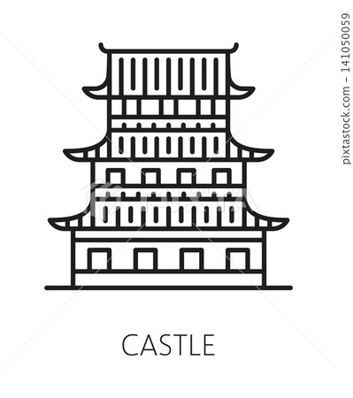 Japan castle building, Japanese travel line icon or sign. Asian country landmark trip pictogram, Japanese travel vector sign. Asia vacation journey icon with ancient castle, buddhist temple building Japan castle building, Japanese travel line icon or sign. Asian country landmark trip pictogram, Japanese travel vector sign. Asia vacation journey icon with ancient castle, buddhist temple building 141050059