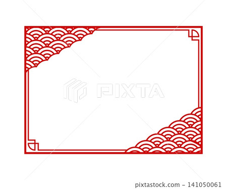 Traditional Japanese decorative frame with red seigaiha wave pattern in opposite corners and geometric border details on white background. Oriental Asian border for Chinese New Year cards Traditional Japanese decorative frame with red seigaiha wave pattern in opposite corners and geometric border details on white background. Oriental Asian border for Chinese New Year cards 141050061