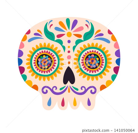 Mexican Day of the Dead ornate with flowers sugar calavera skull. Day of the Dead sugar skull isolated vector decoration. Mexican calavera with flower eyes, leafy brows, petal mouth and folk pattern Mexican Day of the Dead ornate with flowers sugar calavera skull. Day of the Dead sugar skull isolated vector decoration. Mexican calavera with flower eyes, leafy brows, petal mouth and folk pattern 141050064