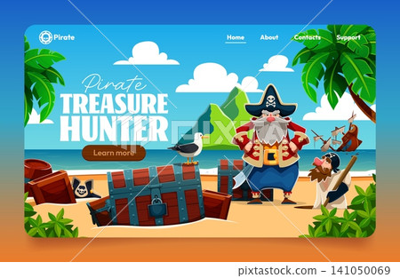 Landing page template with cartoon pirate captain character, sailor and treasures on tropical island. Pirate captain and boat ship wreck at sea, corsair hiding treasure chest digging sand at beach 141050069