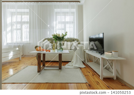 Cozy Living Room Interior with Staged Coffee Table and TV 141050253