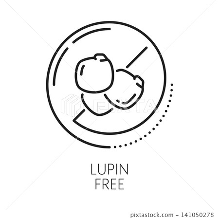 Lupin free food allergen icon, allergy ingredient label pictogram showing two beans inside a circular label. Regulatory symbol indicating lupin allergy warning for packaged products and dietary menus 141050278