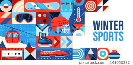 Winter sport banner with mosaic geometric pattern background with a winter sports equipment. Abstract retro modern tile bg with hockey helmet, goggles, snowboard, skating, speedskating, thermometer 141050282