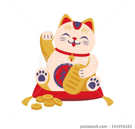 Cartoon lucky Japanese Maneki Neko lucky cat with gold sitting on red pillow. Asian New Year kitten souvenir with raised paw holding golden ingot. Traditional figure symbol of good luck and prosperity Cartoon lucky Japanese Maneki Neko lucky cat with gold sitting on red pillow. Asian New Year kitten souvenir with raised paw holding golden ingot. Traditional figure symbol of good luck and prosperity 141050283