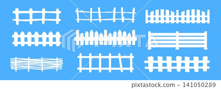 Wooden ranch fence, white farm barrier and garden picket silhouettes set. Rustic back yard rail, countryside wattle, pointed picket gate for farming, gardening, landscaping and rural property safety 141050289