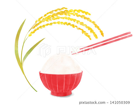 一幅水彩插畫,描繪了盛在紅色碗裡的稻穗和米飯。新米,秋天的味道。 一幅水彩插畫,描繪了盛在紅色碗裡的稻穗和米飯。新米,秋天的味道。 141050309