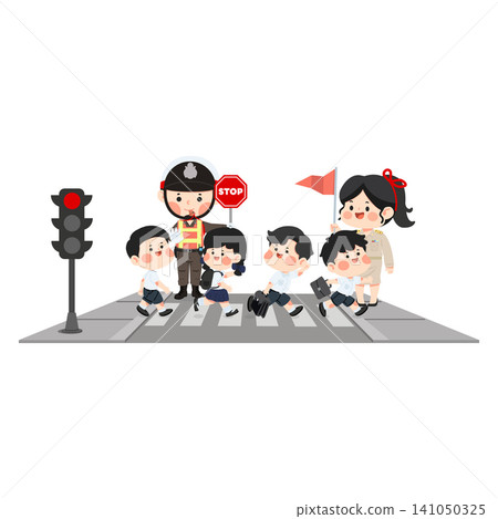 Children Crossing Road With Teacher and Traffic Officer Children Crossing Road With Teacher and Traffic Officer 141050325