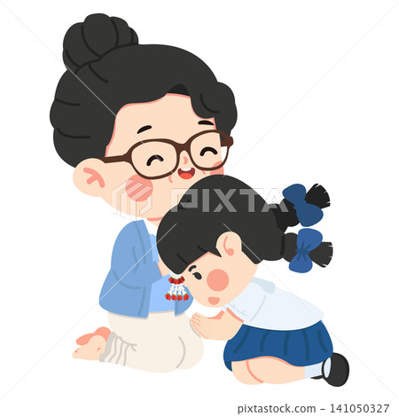 School Girl Greeting Mother With Thai Wai 141050327