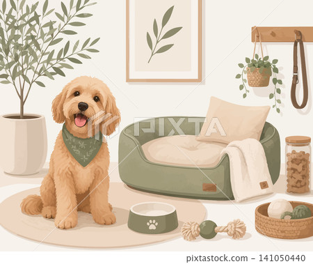 Vsai happy dog relaxing in cozy pet bed room Vsai happy dog relaxing in cozy pet bed room 141050440