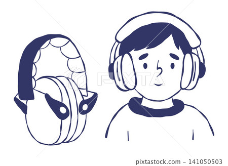 Folding Kids Headphones and Boy Character Set. Children Compact Folded Headset and Calm Person Listening to Music. Isolated Blue Hand Drawn Doodle. Vector Illustration. Folding Kids Headphones and Boy Character Set. Children Compact Folded Headset and Calm Person Listening to Music. Isolated Blue Hand Drawn Doodle. Vector Illustration. 141050503