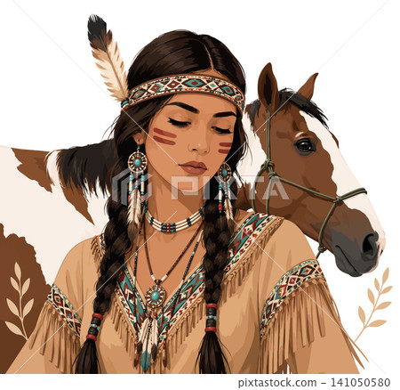 Vsai indigenous woman embracing horse showing cultural traditions 141050580