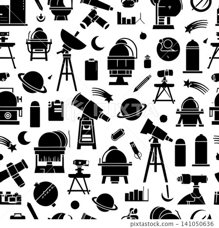 Astronomy and space exploration equipment seamless pattern with telescopes and planet icons 141050636