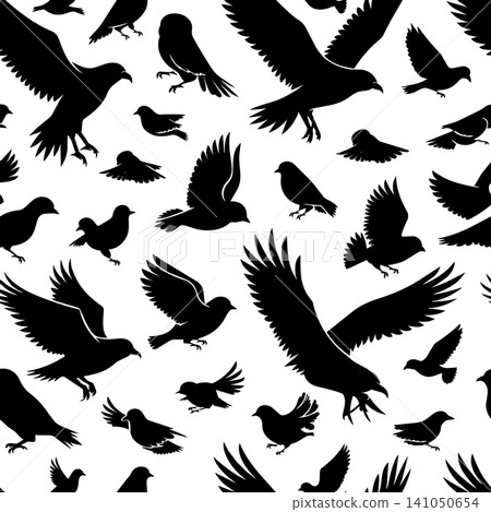 Flock of birds flying in sky seamless pattern with black silhouettes on white background Flock of birds flying in sky seamless pattern with black silhouettes on white background 141050654