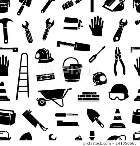 Industrial construction tools and equipment seamless pattern with black vector silhouettes Industrial construction tools and equipment seamless pattern with black vector silhouettes 141050663