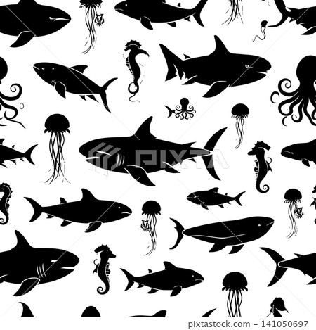 Seamless pattern of black sea creature icons on white background Seamless pattern of black sea creature icons on white background 141050697