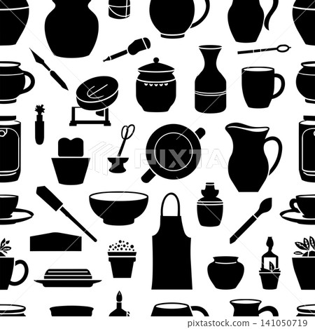 Seamless pattern with black silhouettes of different kitchen utensils and dishes on white background Seamless pattern with black silhouettes of different kitchen utensils and dishes on white background 141050719