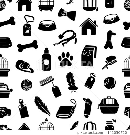 Seamless pattern with black silhouettes of different pet accessories and supplies on white background Seamless pattern with black silhouettes of different pet accessories and supplies on white background 141050720