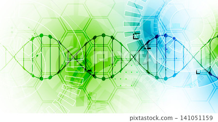 Abstract biotechnology background with a green and blue DNA double helix molecule and hexagonal patterns on a white background. Abstract biotechnology background with a green and blue DNA double helix molecule and hexagonal patterns on a white background. 141051159