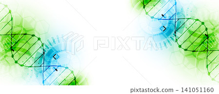 Abstract biotechnology background with a green and blue DNA double helix molecule and hexagonal patterns on a white background. Abstract biotechnology background with a green and blue DNA double helix molecule and hexagonal patterns on a white background. 141051160