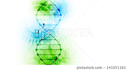 Abstract biotechnology background with a green and blue DNA double helix molecule and hexagonal patterns on a white background. Abstract biotechnology background with a green and blue DNA double helix molecule and hexagonal patterns on a white background. 141051161