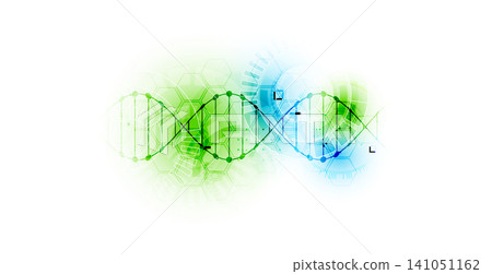 Abstract biotechnology background with a green and blue DNA double helix molecule and hexagonal patterns on a white background. Abstract biotechnology background with a green and blue DNA double helix molecule and hexagonal patterns on a white background. 141051162