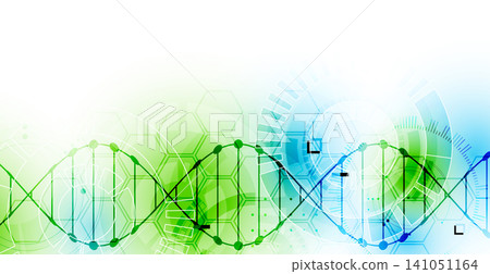 Abstract biotechnology background with a green and blue DNA double helix molecule and hexagonal patterns on a white background. Abstract biotechnology background with a green and blue DNA double helix molecule and hexagonal patterns on a white background. 141051164