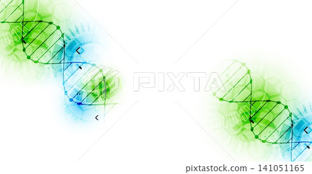 Abstract biotechnology background with a green and blue DNA double helix molecule and hexagonal patterns on a white background. 141051165