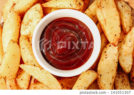 Crispy potato wedges served with rich ketchup on a wooden platter at a casual dining setting Crispy potato wedges served with rich ketchup on a wooden platter at a casual dining setting 141051307