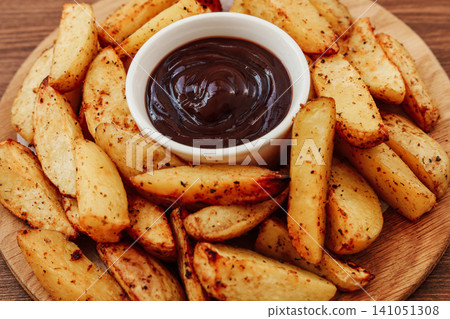 Crispy potato wedges served with rich dipping sauce on a wooden plate Crispy potato wedges served with rich dipping sauce on a wooden plate 141051308