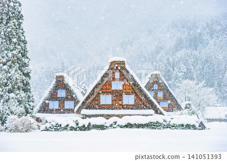 A winter scene in Shirakawa-go: Three gassho-zukuri style huts and three trees standing amidst a vast, snow-covered silver world. A winter scene in Shirakawa-go: Three gassho-zukuri style huts and three trees standing amidst a vast, snow-covered silver world. 141051393