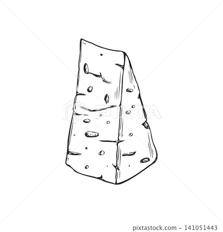 Hand drawn wedge of blue cheese vector illustration in engraving style. Dairy product snack line art black ink sketch. Graphic element for menu, restaurant, organic farm market, food infographic 141051443