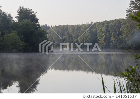 A serene morning view of a misty river flowing through a dense forest at dawn. The calm water reflects the trees, creating a peaceful, atmospheric landscape scene in the early morning light in nature. A serene morning view of a misty river flowing through a dense forest at dawn. The calm water reflects the trees, creating a peaceful, atmospheric landscape scene in the early morning light in nature. 141051537