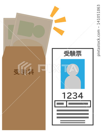 A set of illustrations depicting a simple photo-attached exam ticket and the money for the exam fee. 141051863